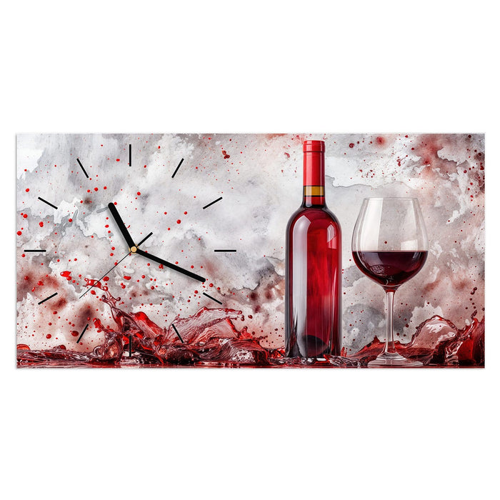 Wanduhr Rotwein mit Glas aus Glas – Querformat 60 × 30 cm mit Ziffernblatt Linie
