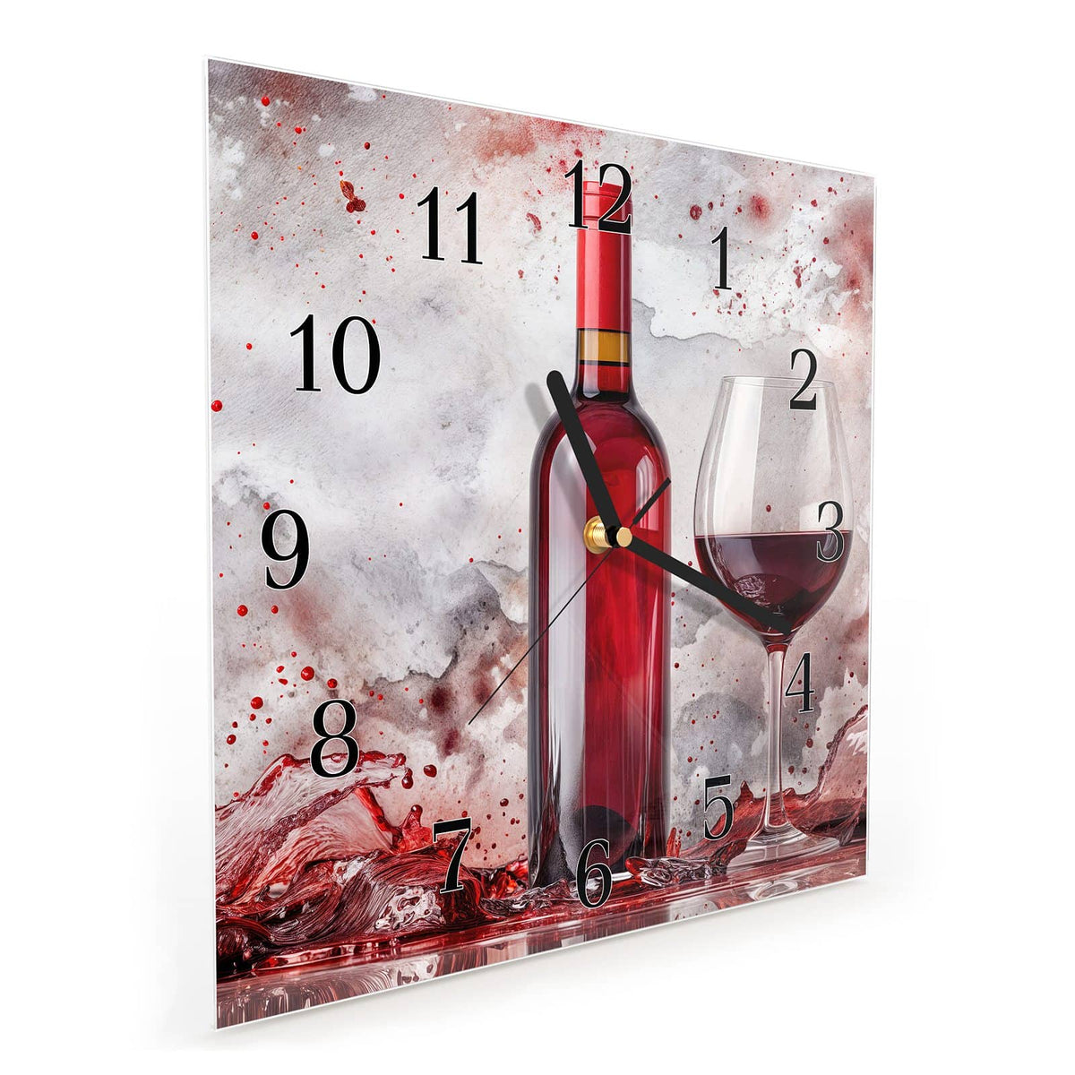 Quadratische Wanduhr aus Glas Weinflasche im Spritzer schräg von der Seite, 4 mm starkes Glas