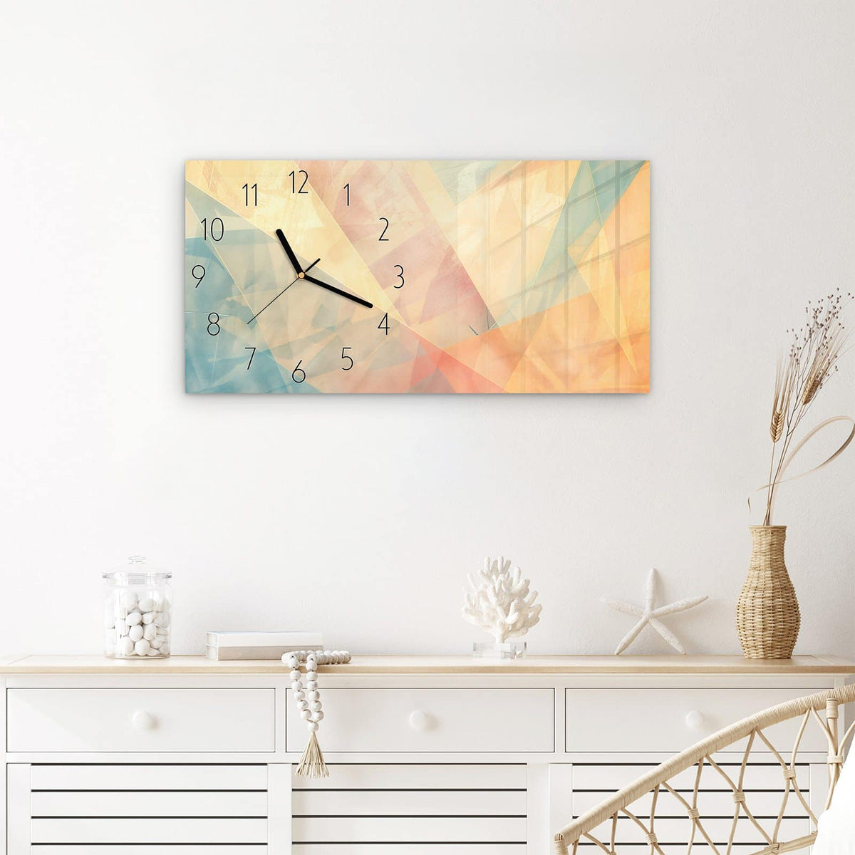 Wanduhr Farbiges Geo Muster aus Glas – Querformat 60 × 30 cm – Geometrische Formen in Pastell