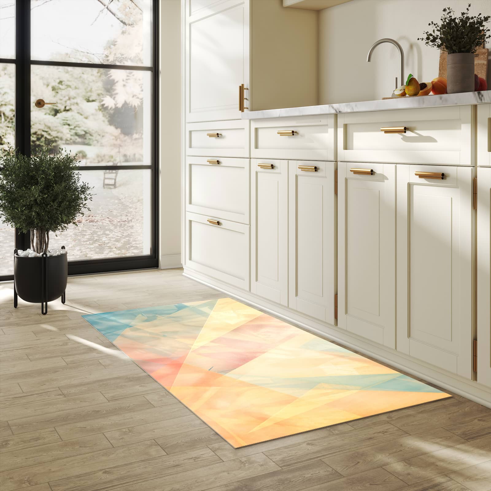 Bodenschonender Bodenläufer-Teppich mit Motiv Farbiges Geo Muster in heller Küche