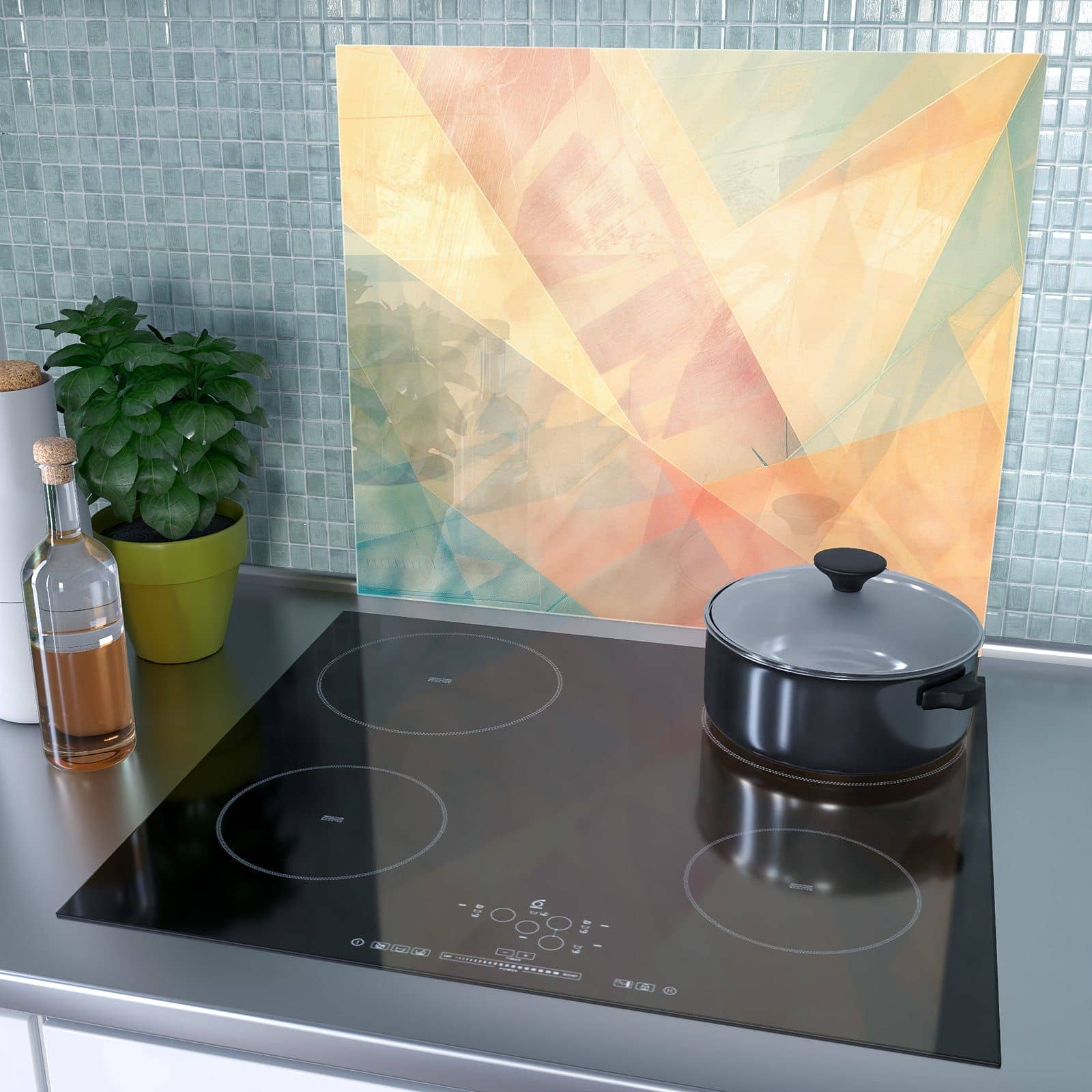 1-teilige Herdabdeckplatten aus Glas mit Farbiges Geo Muster-Motiv als Spritzschutz hinter dem Kochfeld