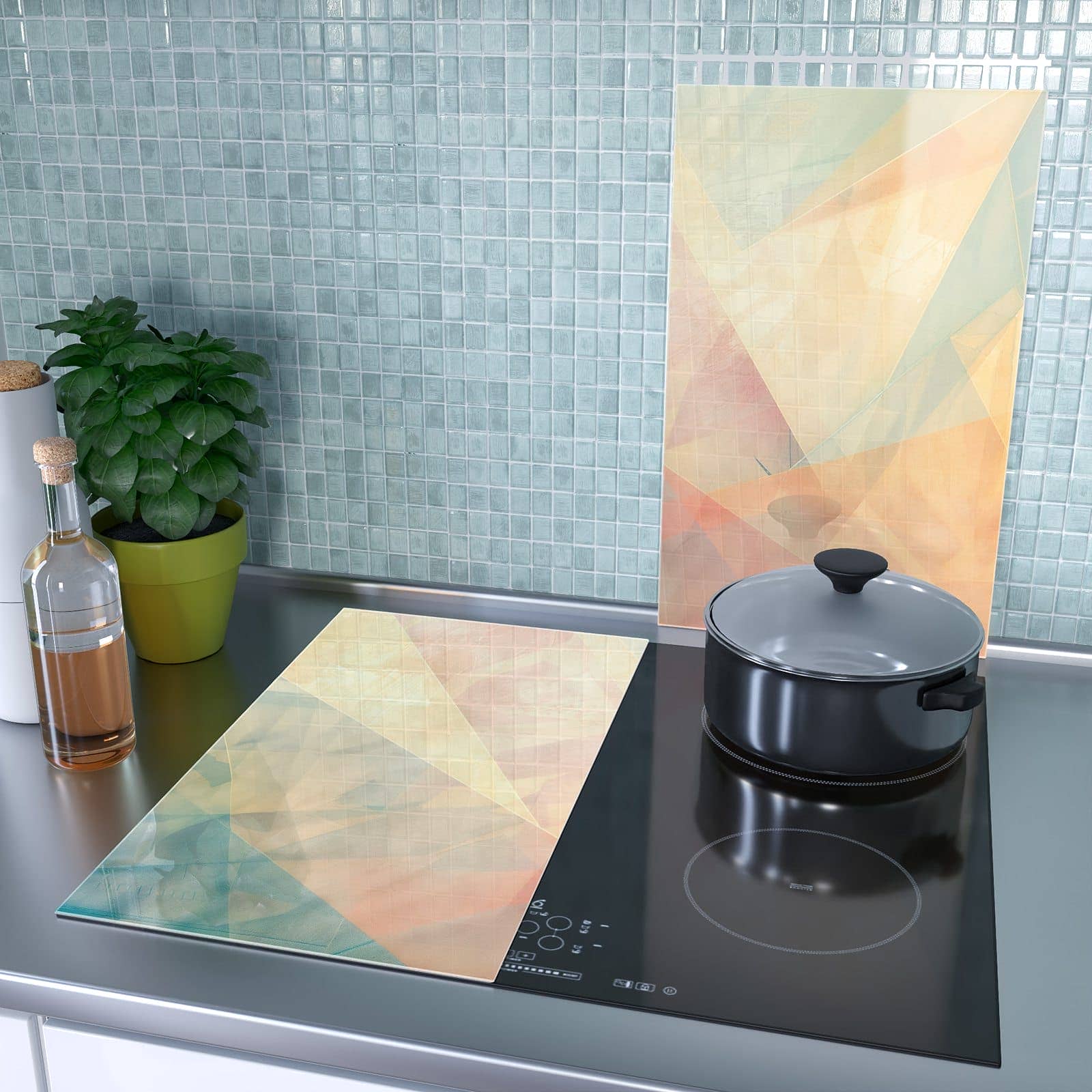 2-teilige Herdabdeckung für Induktionsfeld mit Farbiges Geo Muster-Motiv als Spritzschutz hinter dem Kochfeld