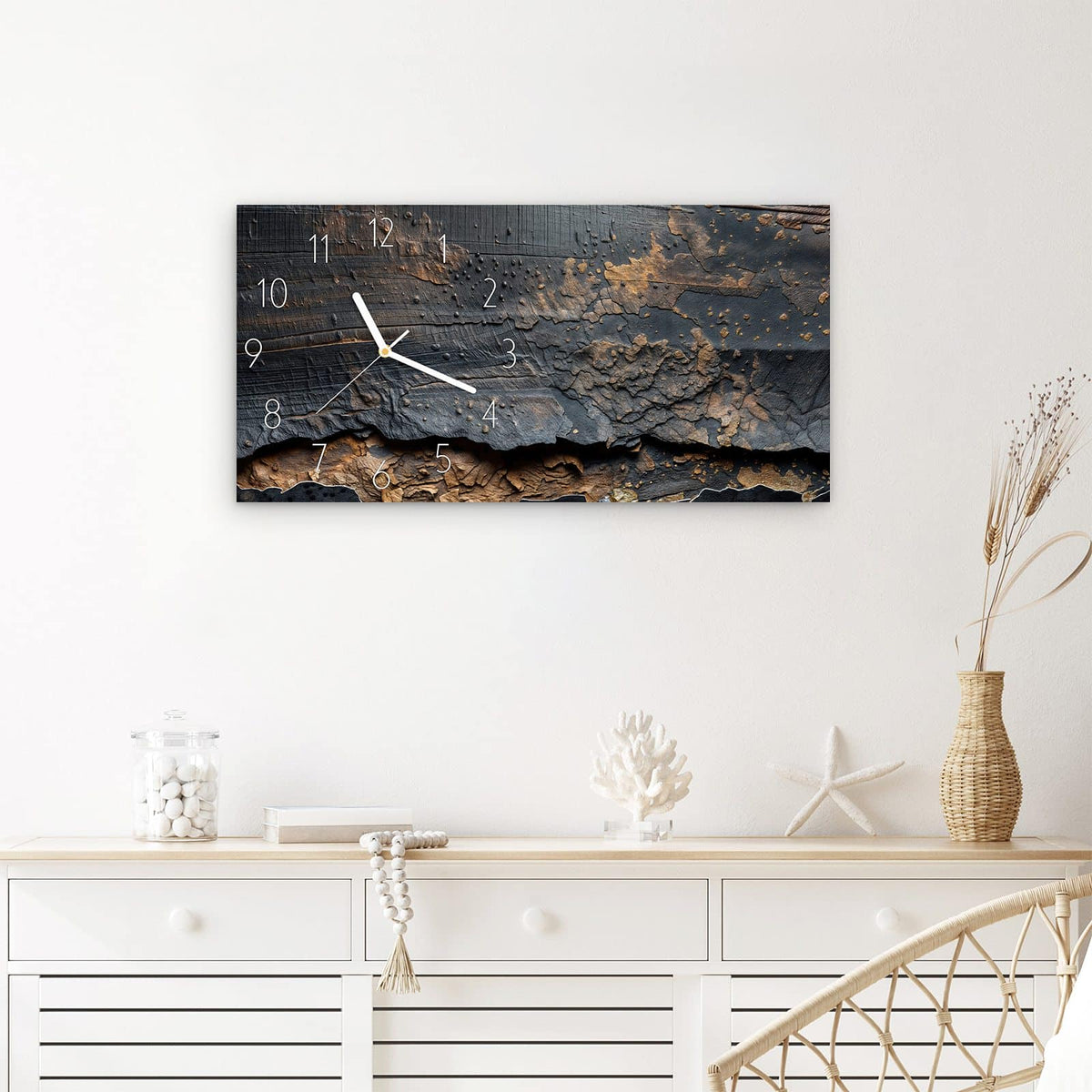 Wanduhr Abstrakte & Struktur aus Glas – Querformat 60 × 30 cm – Verwitterte Oberfläche mit Rost