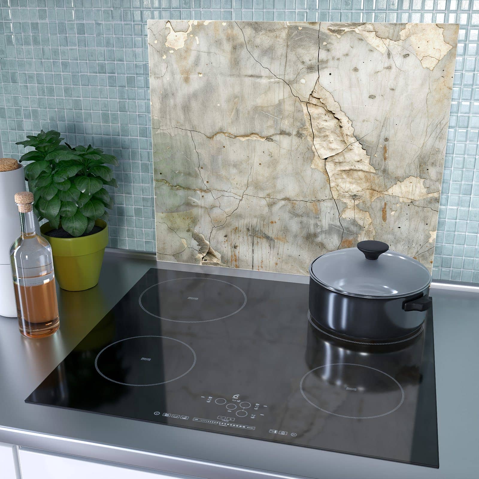 1-teilige Herdabdeckplatte aus Glas mit Rissige Wandoberfläche-Motiv als Spritzschutz hinter dem Kochfeld