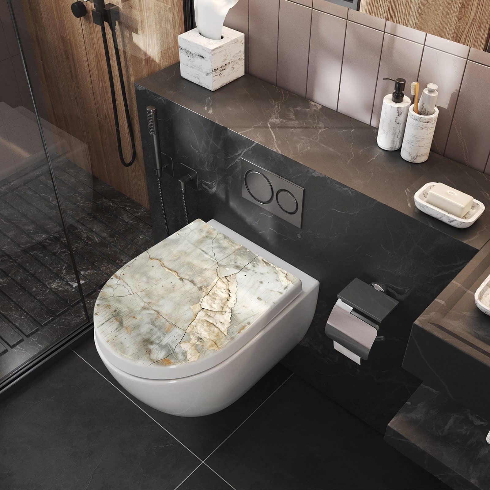 WC-Sitz mit Absenkautomatik Oberfläche von Rissige