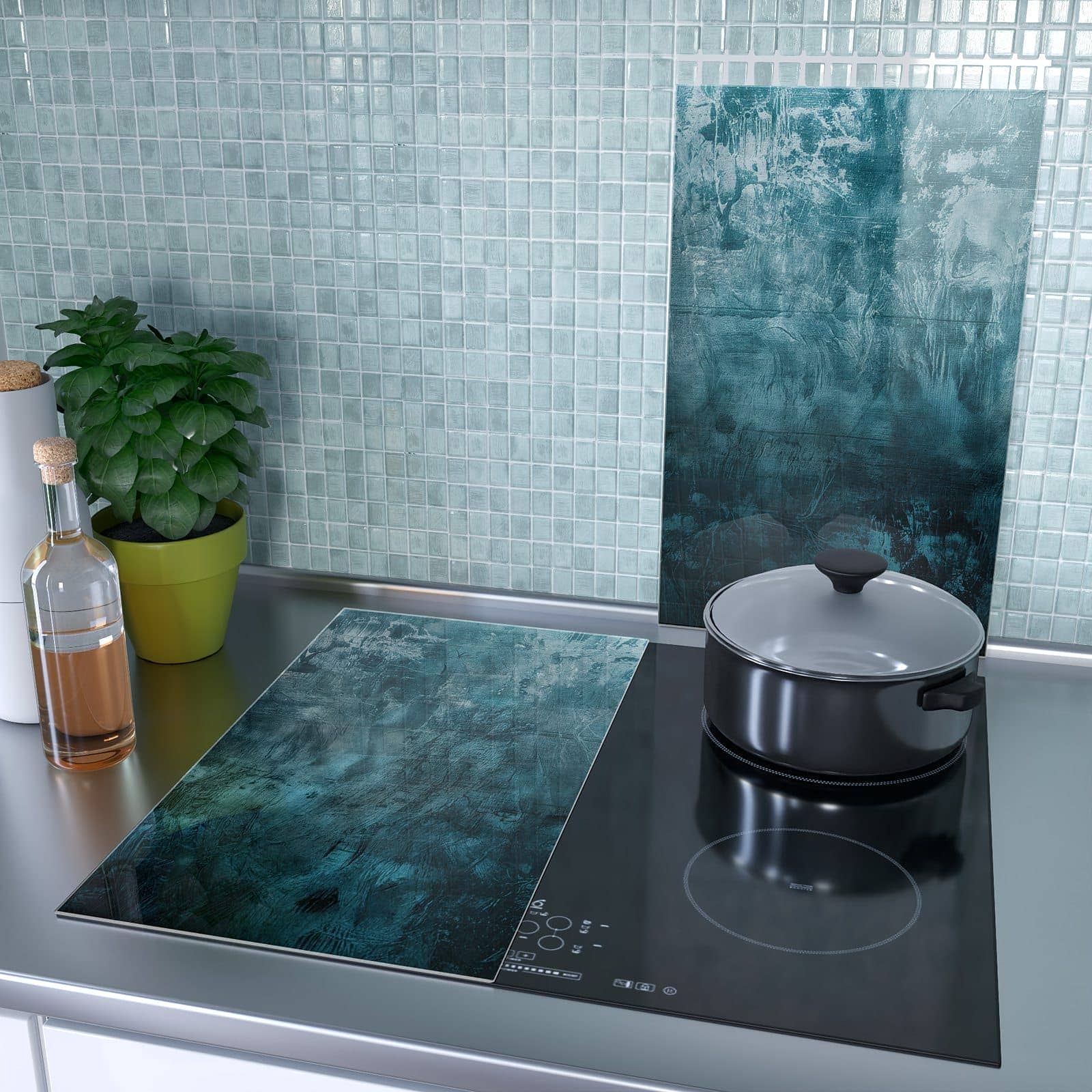 2-teilige Herdabdeckplatte mit Textur Wand Kunst-Motiv als Spritzschutz hinter dem Kochfeld