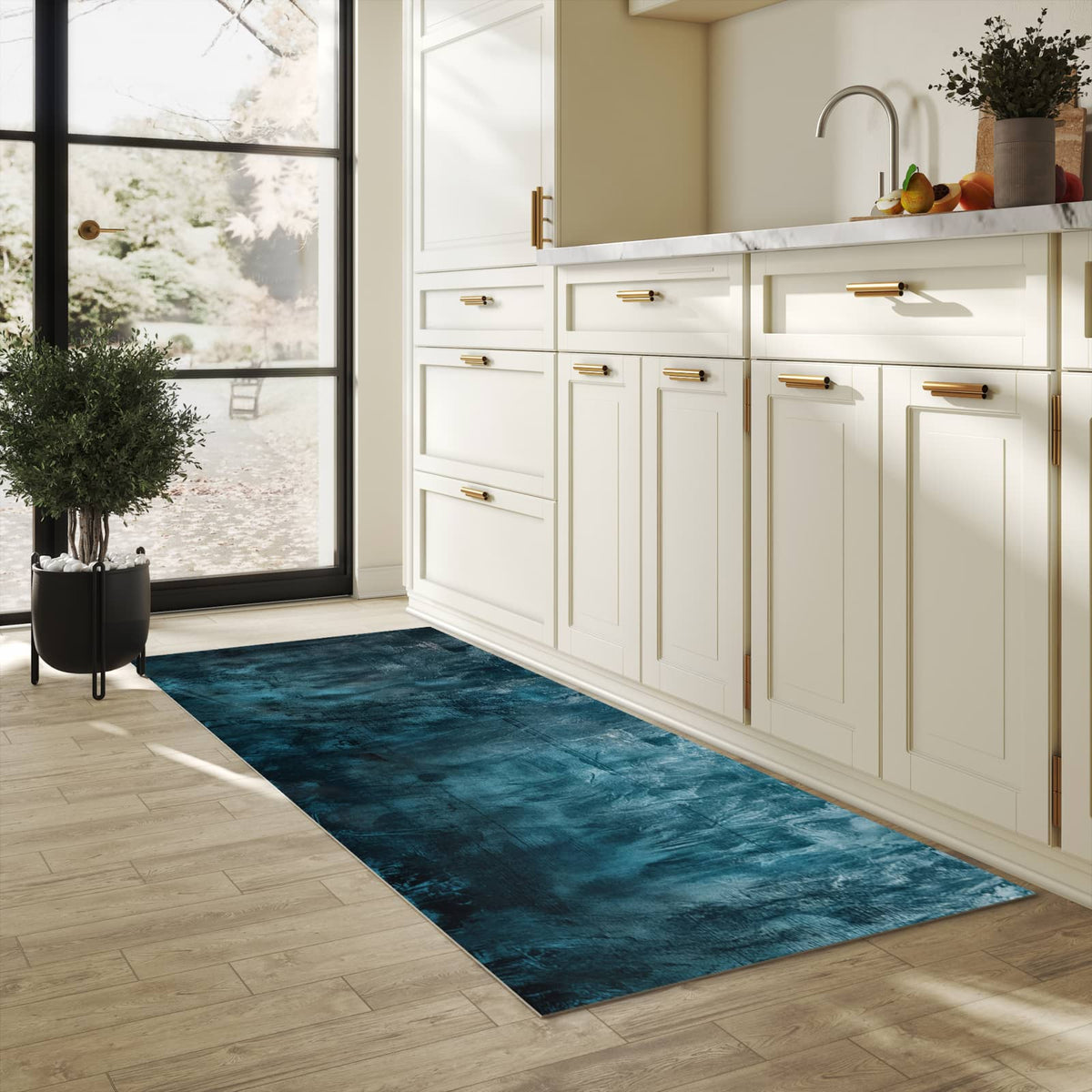 Hygienischer Küchenteppich mit Motiv Textur Wand Kunst in heller Küche