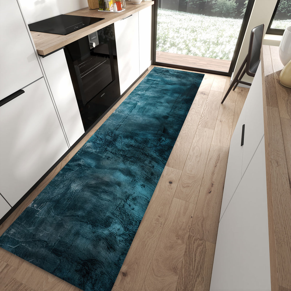 Farbbeständiger dünner Teppich mit Motiv Textur Wand Kunst in moderner Küche