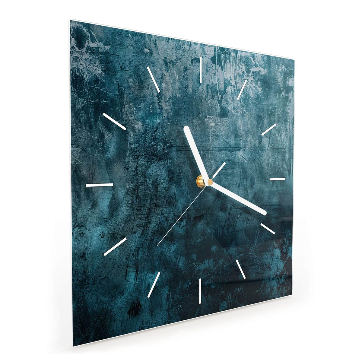 Quadratische Wanduhr aus Glas Petrolblaue Wand schräg von der Seite, 4 mm starkes Glas