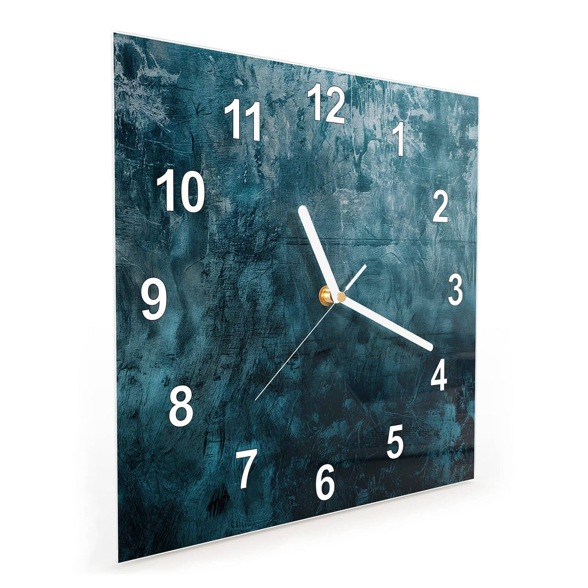 Quadratische Wanduhr aus Glas Petrolblaue Wand schräg von der Seite, 4 mm starkes Glas
