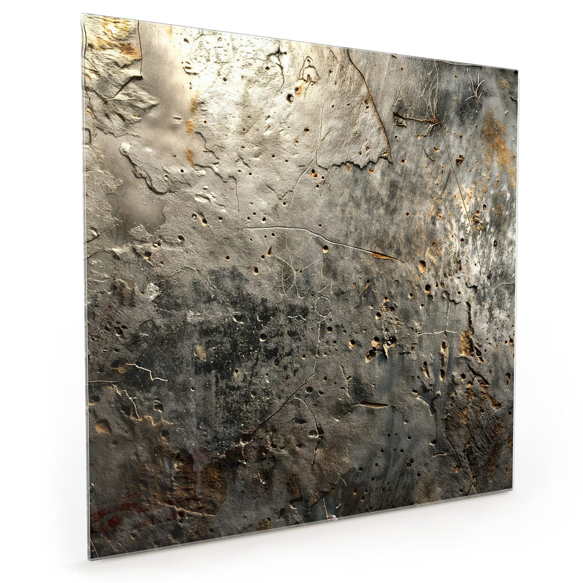 Küchenrückwand aus Glas im quadratischen Format mit Motiv Zerfressenes Metall: Narbiges graues Metall mit tiefen Poren #grösse_40 x 40 cm #grösse_50 x 50 cm #grösse_60 x 60 cm