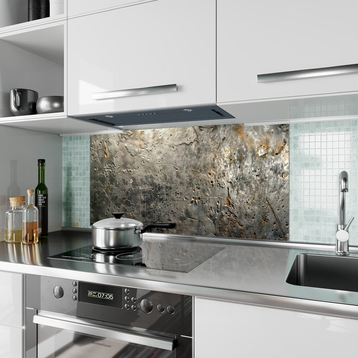 Küchenrückwand aus Glas Zerfressenes Metall im Hochformat als Spritzschutz hinter dem Kochfeld, über dem Fliesenspiegel montiert