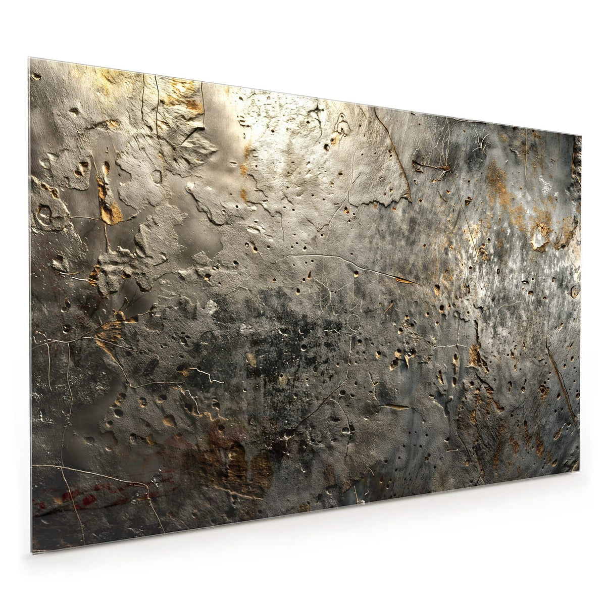 Küchenrückwand aus Glas im Hochformat mit Motiv Zerfressenes Metall: Narbiges graues Metall mit tiefen Poren, dunklen Flecken und goldbraunen Rostspuren
