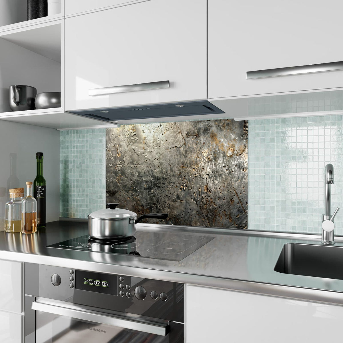 Küchenrückwand aus Glas Zerfressenes Metall im Hochformat als Spritzschutz hinter dem Kochfeld, über dem Fliesenspiegel montiert
