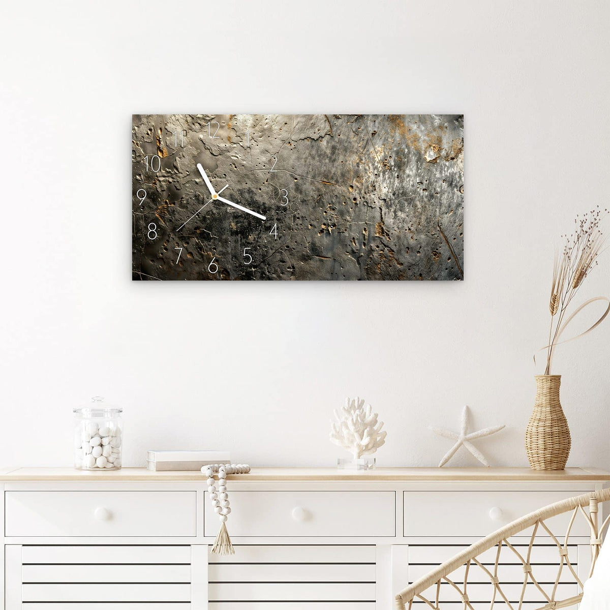 Wanduhr Abstrakte Oberfläche aus Glas – Querformat 60 × 30 cm – Verwittertes Metall in Grau und Rost
