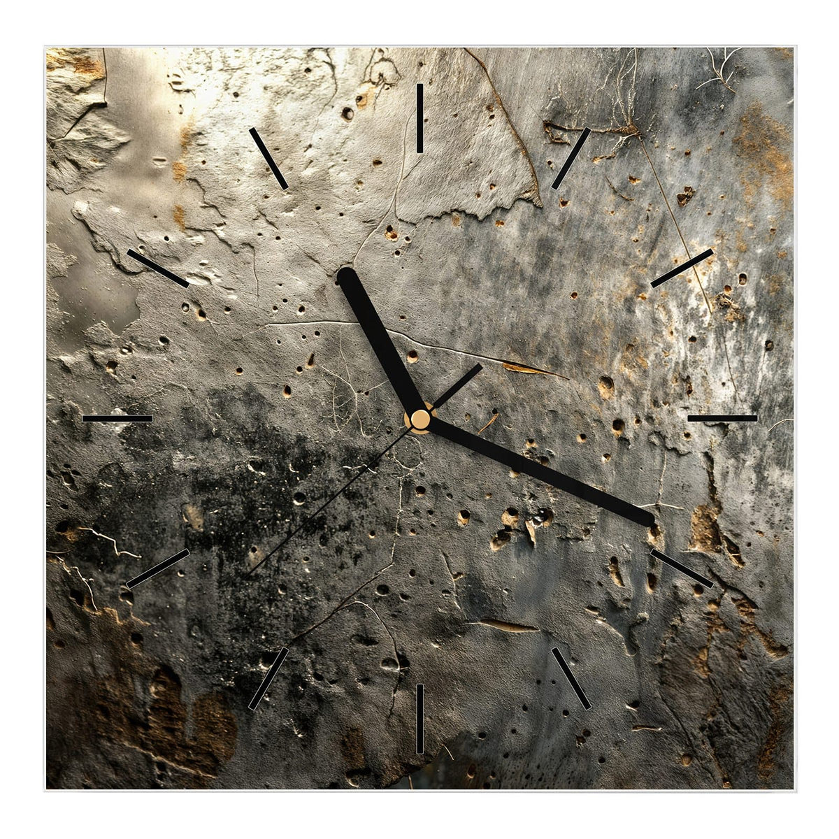 Wanduhr aus Glas, Ziffernblatt Linie mit Motiv Zerfressenes Metall: Narbiges graues Metall mit tiefen Poren, dunklen Flecken und goldbraunen Rostspuren