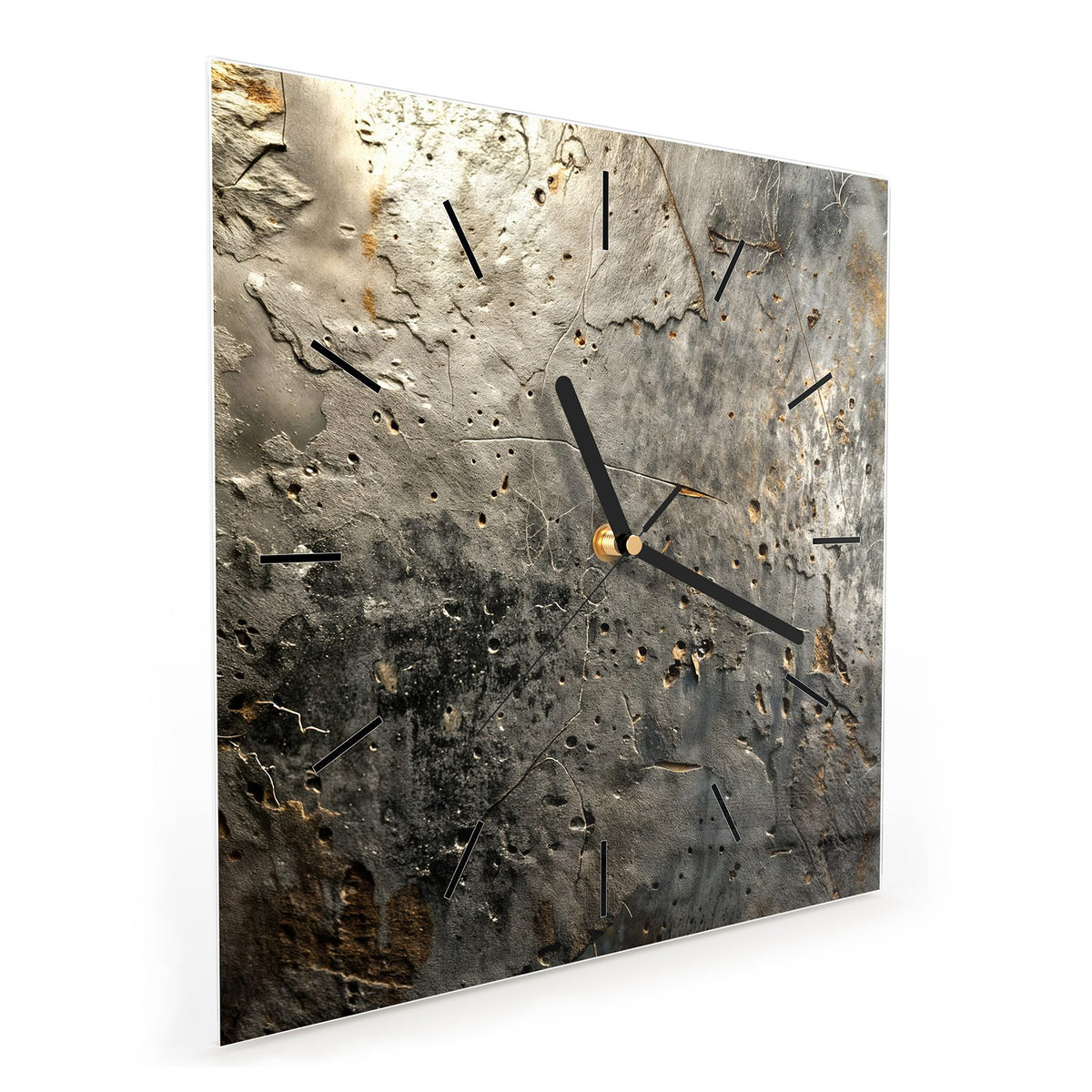 Quadratische Wanduhr aus Glas Zerfressenes Metall schräg von der Seite, 4 mm starkes Glas