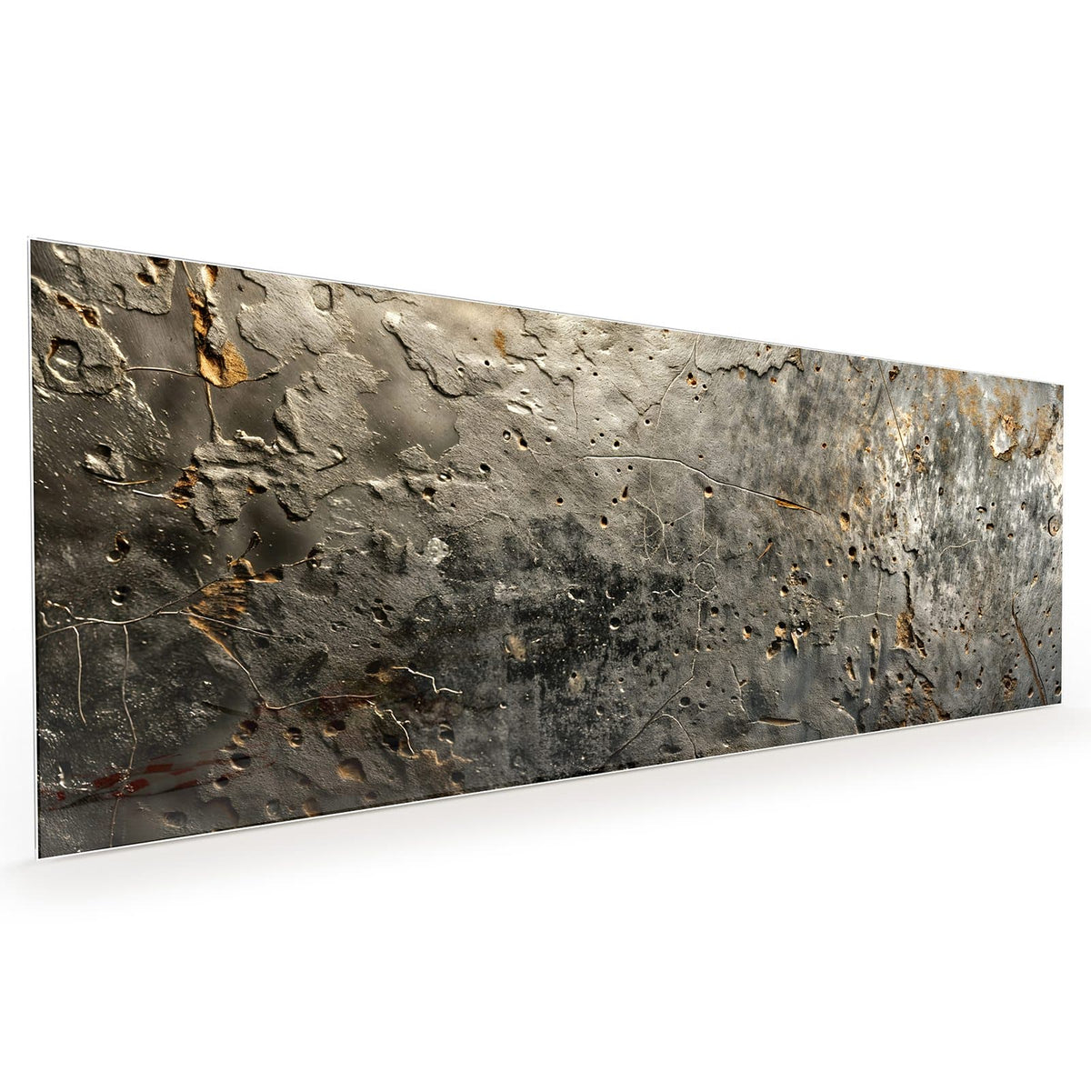 Küchenrückwand aus Glas im Hochformat mit Motiv Zerfressenes Metall: Narbiges graues Metall mit tiefen Poren, dunklen Flecken und goldbraunen Rostspuren #grösse_40 x 100 cm #grösse_50 x 125 cm #grösse_60 x 150 cm