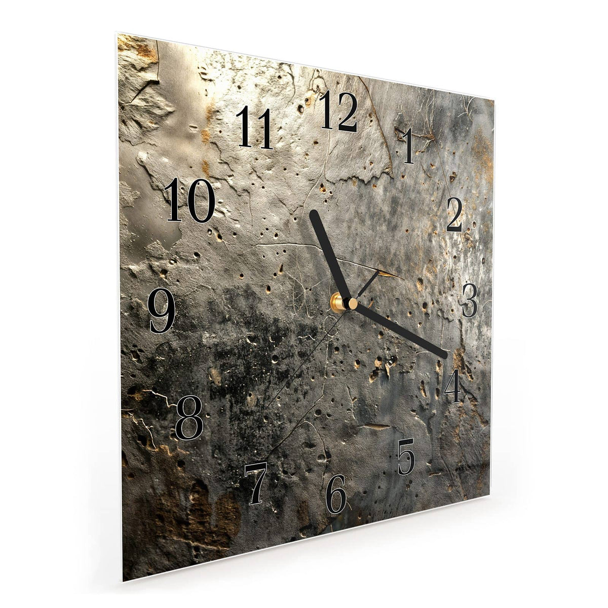 Quadratische Wanduhr aus Glas Zerfressenes Metall schräg von der Seite, 4 mm starkes Glas