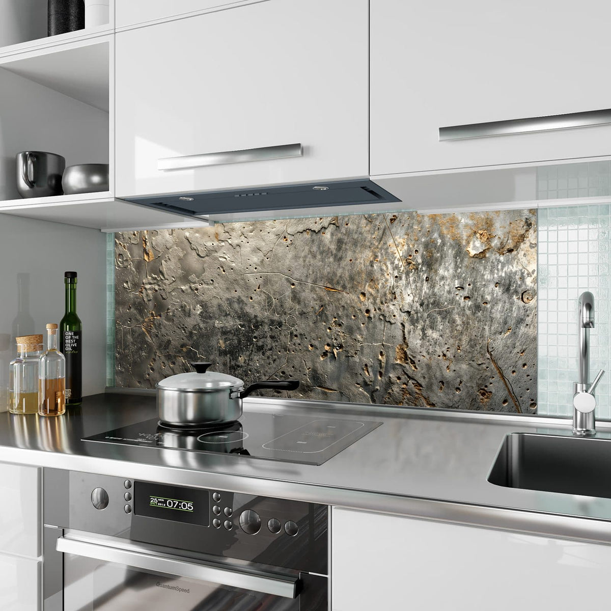 Küchenrückwand aus Glas Zerfressenes Metall im Hochformat als Spritzschutz hinter dem Kochfeld, über dem Fliesenspiegel montiert