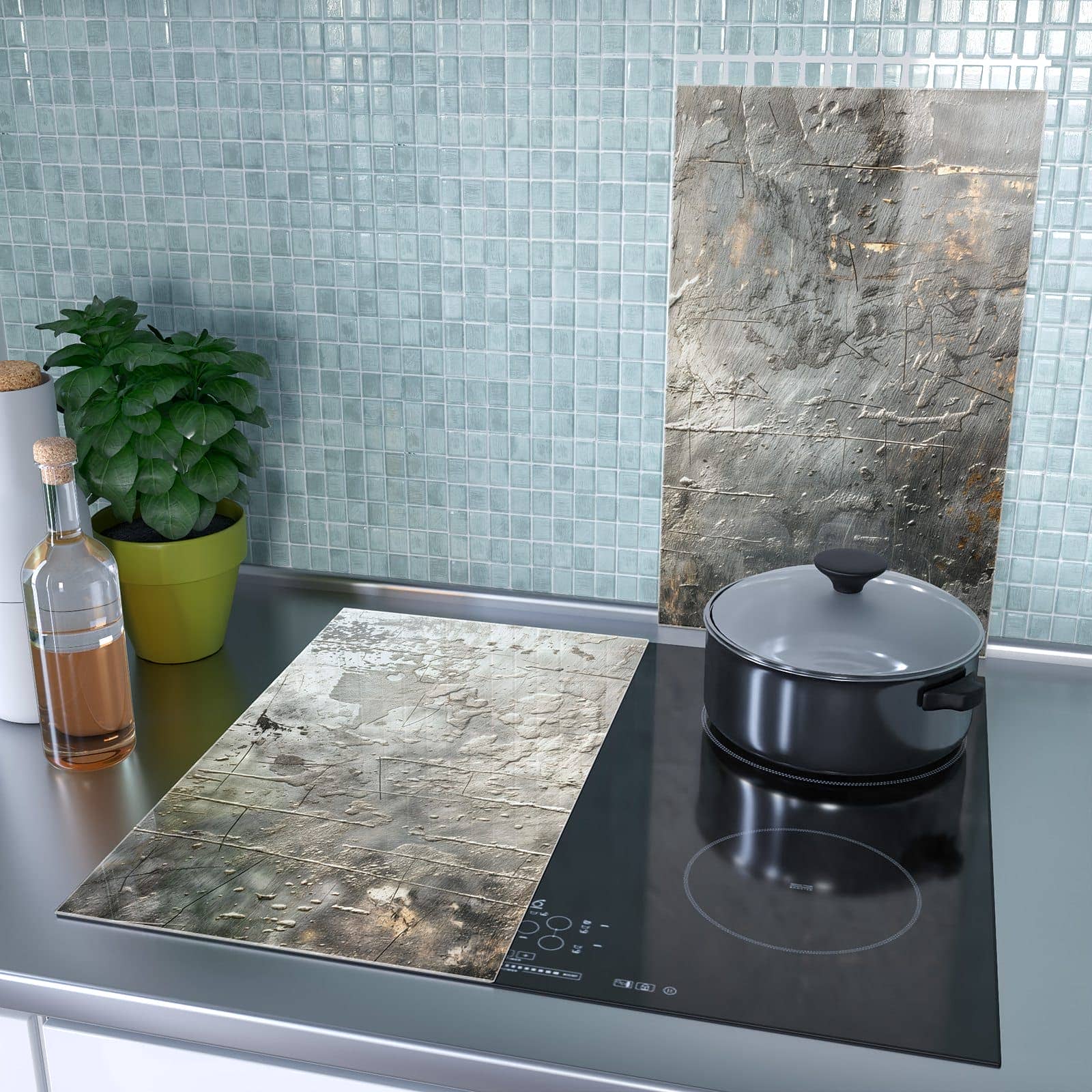2-teilige Herdabdeckplatten aus Glas mit Texturierte Oberfläche-Motiv als Spritzschutz hinter dem Kochfeld