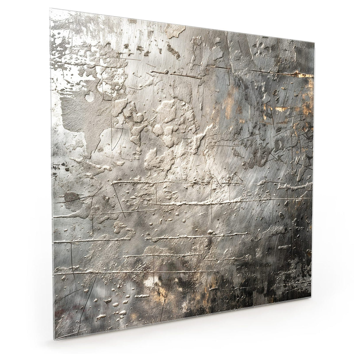 Küchenrückwand aus Glas im quadratischen Format: Silbergraues, gealtertes Metall mit Kratzern, Abplatzungen und bronzenen Spuren #grösse_40 x 40 cm #grösse_50 x 50 cm #grösse_60 x 60 cm
