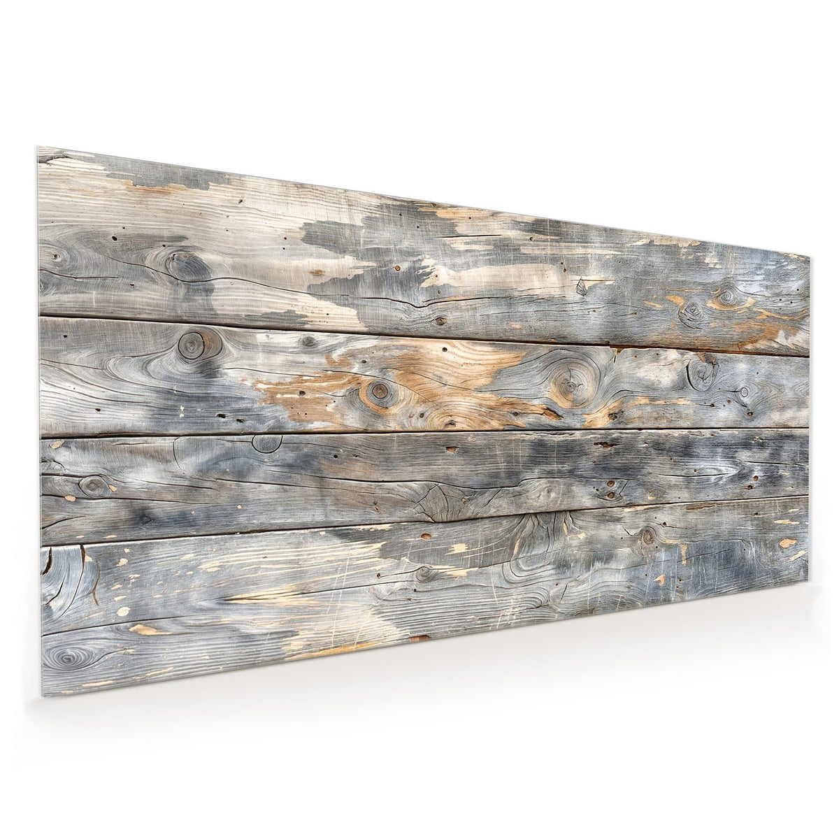 Küchenrückwand aus Glas im Hochformat mit Motiv Graue Holzplanken: Vier waagerechte, stark verwitterte Bretter in Grau mit hellbraunen Aufhellungen