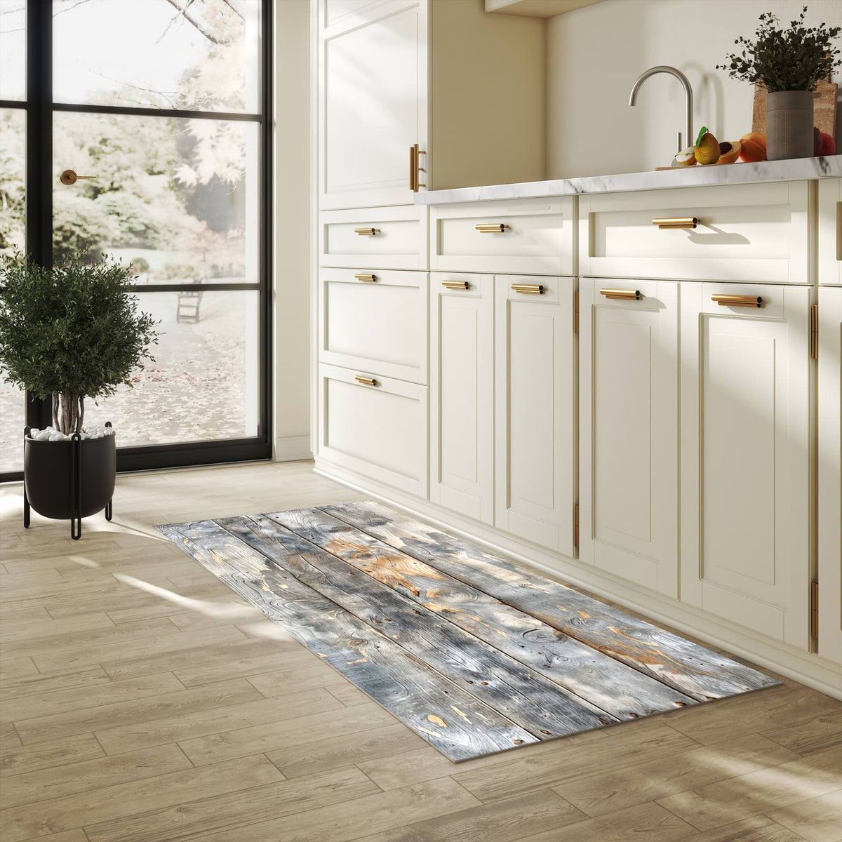 Zeitsparender waschbarer Küchenteppich mit Motiv Vintage Holzplanken in heller Küche