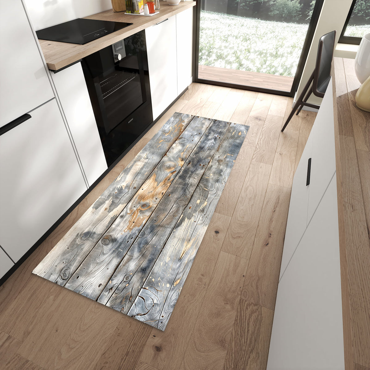 Pflegeleichter Küchenteppich mit Motiv Vintage Holzplanken in moderner Küche