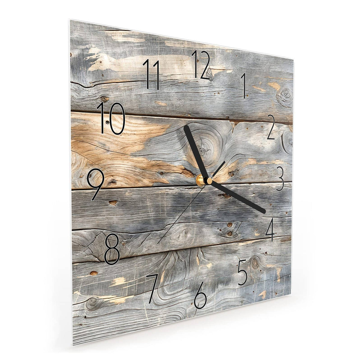Quadratische Wanduhr aus Glas Graue Holzplanken schräg von der Seite, 4 mm starkes Glas