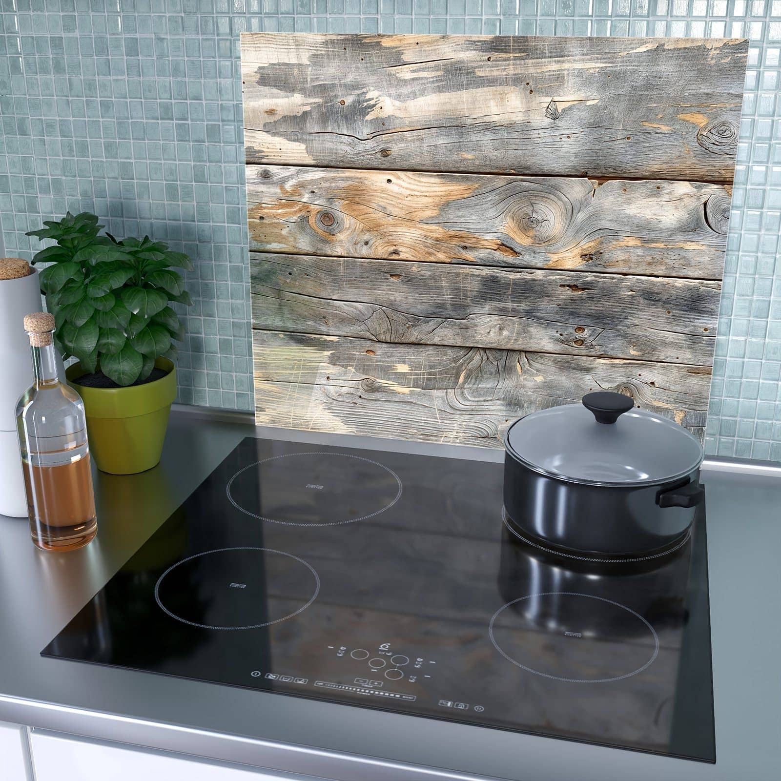 1-teilige Herdabdeckplatte Induktion mit Vintage Holzplanken-Motiv als Spritzschutz hinter dem Kochfeld