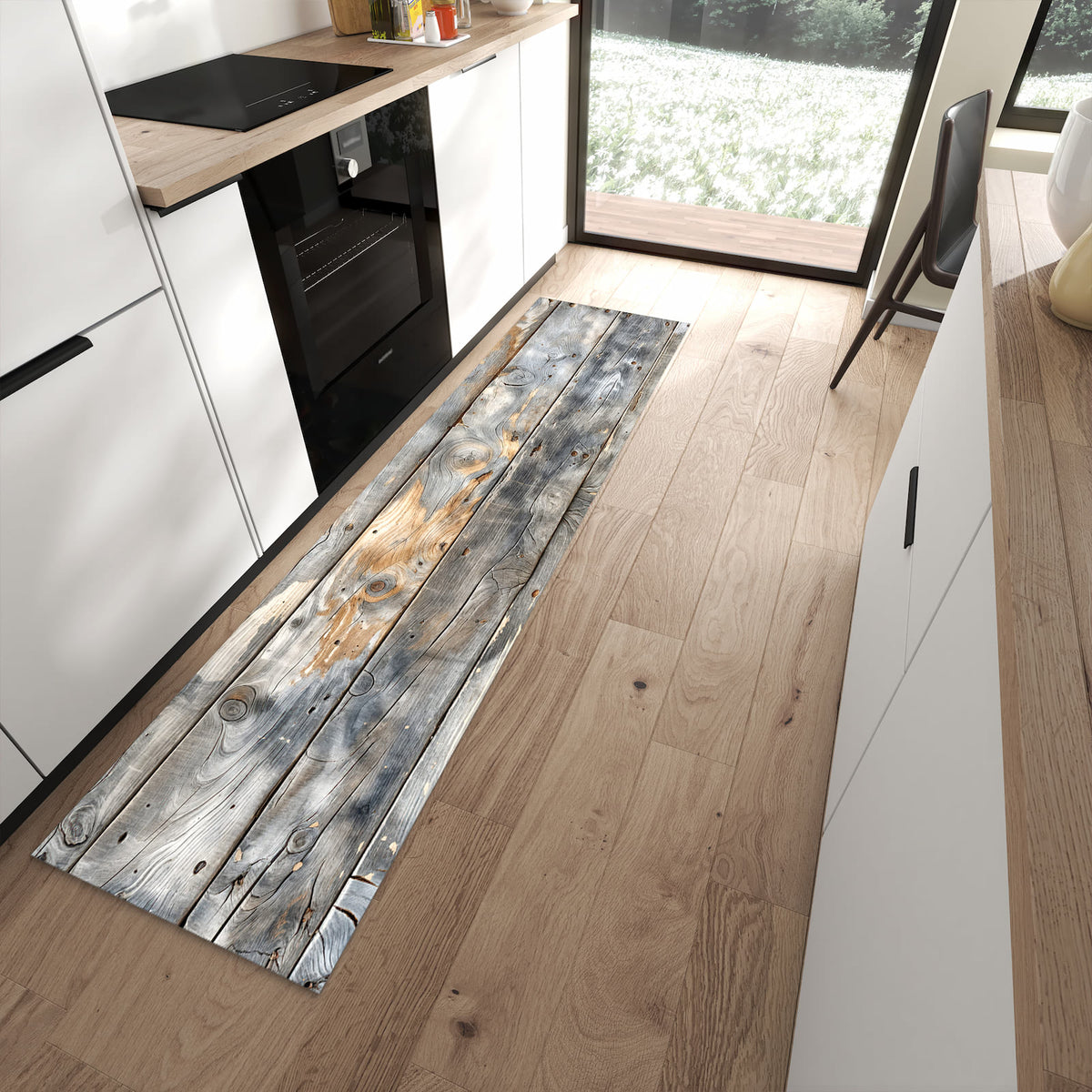 Schmutzabweisender Küchenteppich mit Motiv Vintage Holzplanken in moderner Küche