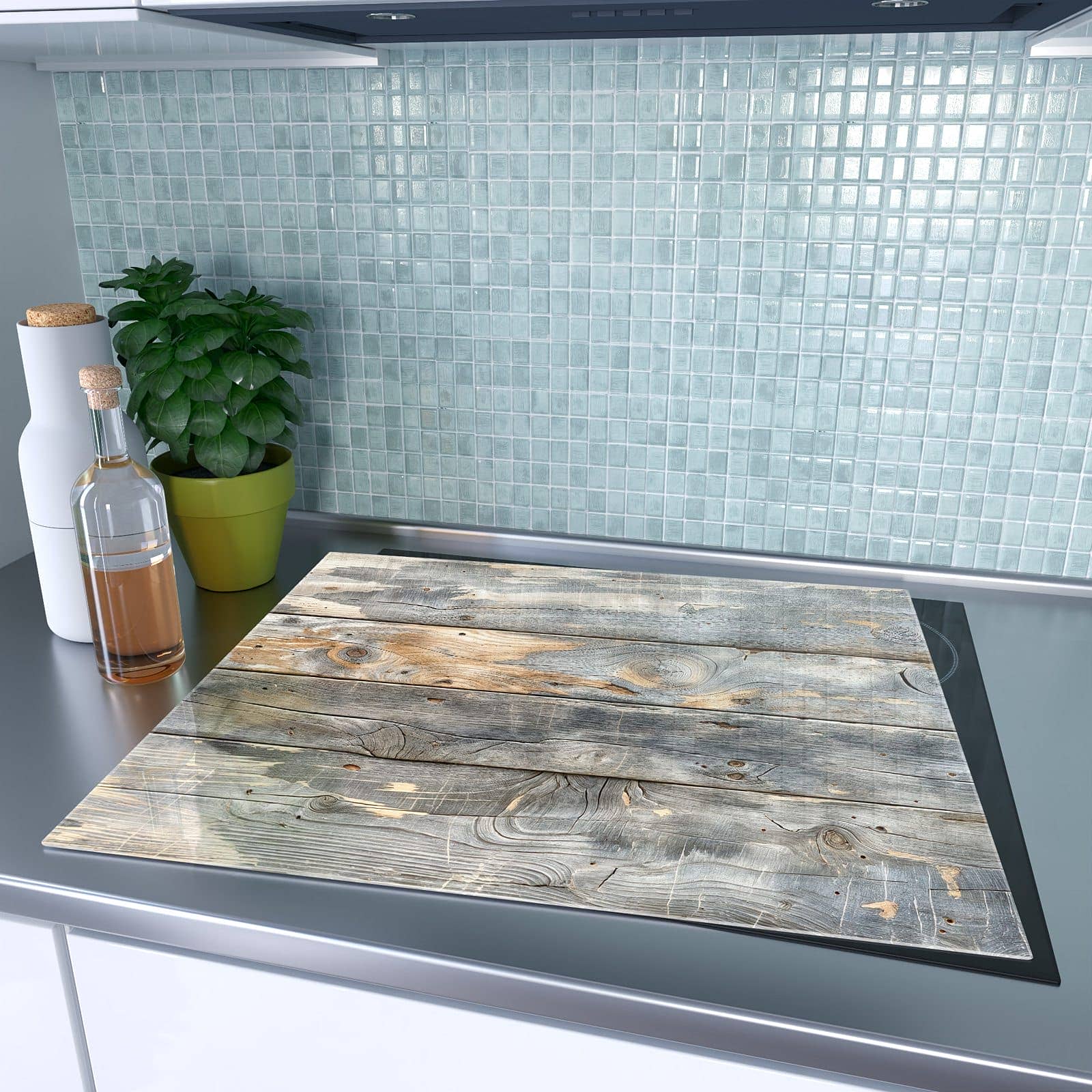 1-teilige Herdabdeckplatte aus Glas mit Vintage Holzplanken-Motiv auf dem Ceranfeld