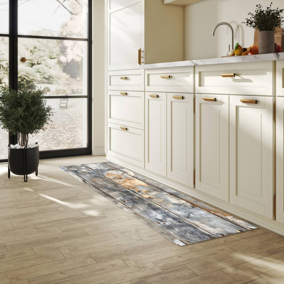 Bodenschonender Läufer für die Küche mit Motiv Vintage Holzplanken in heller Küche