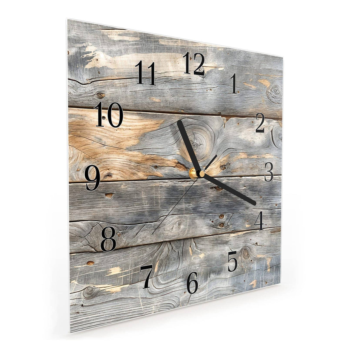 Quadratische Wanduhr aus Glas Graue Holzplanken schräg von der Seite, 4 mm starkes Glas