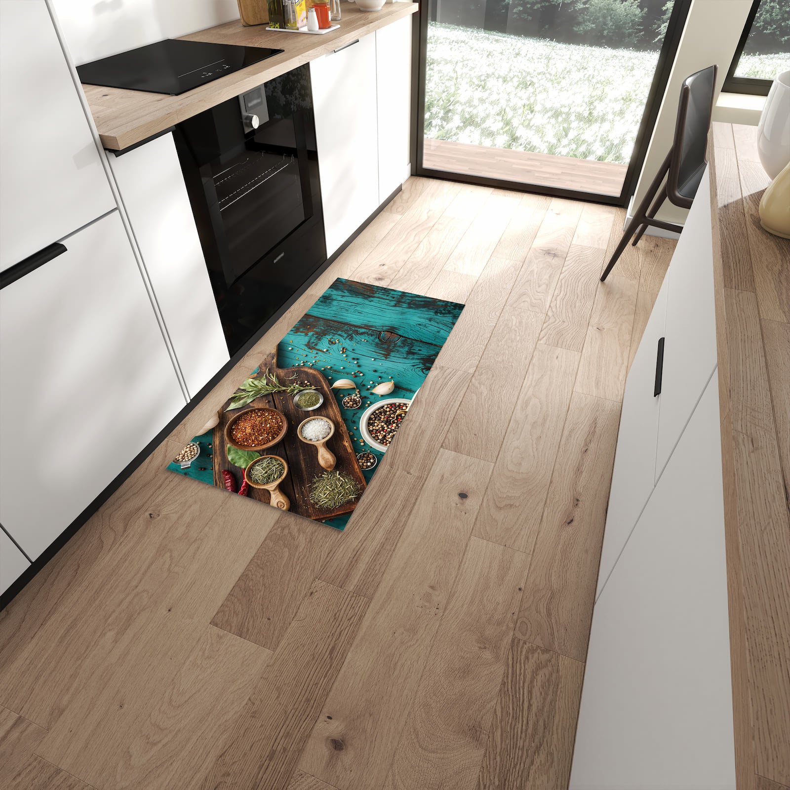 Langlebiger Küchenläufer mit Motiv Küchenzutaten Holztisch in moderner Küche #grösse_60 x 120 cm