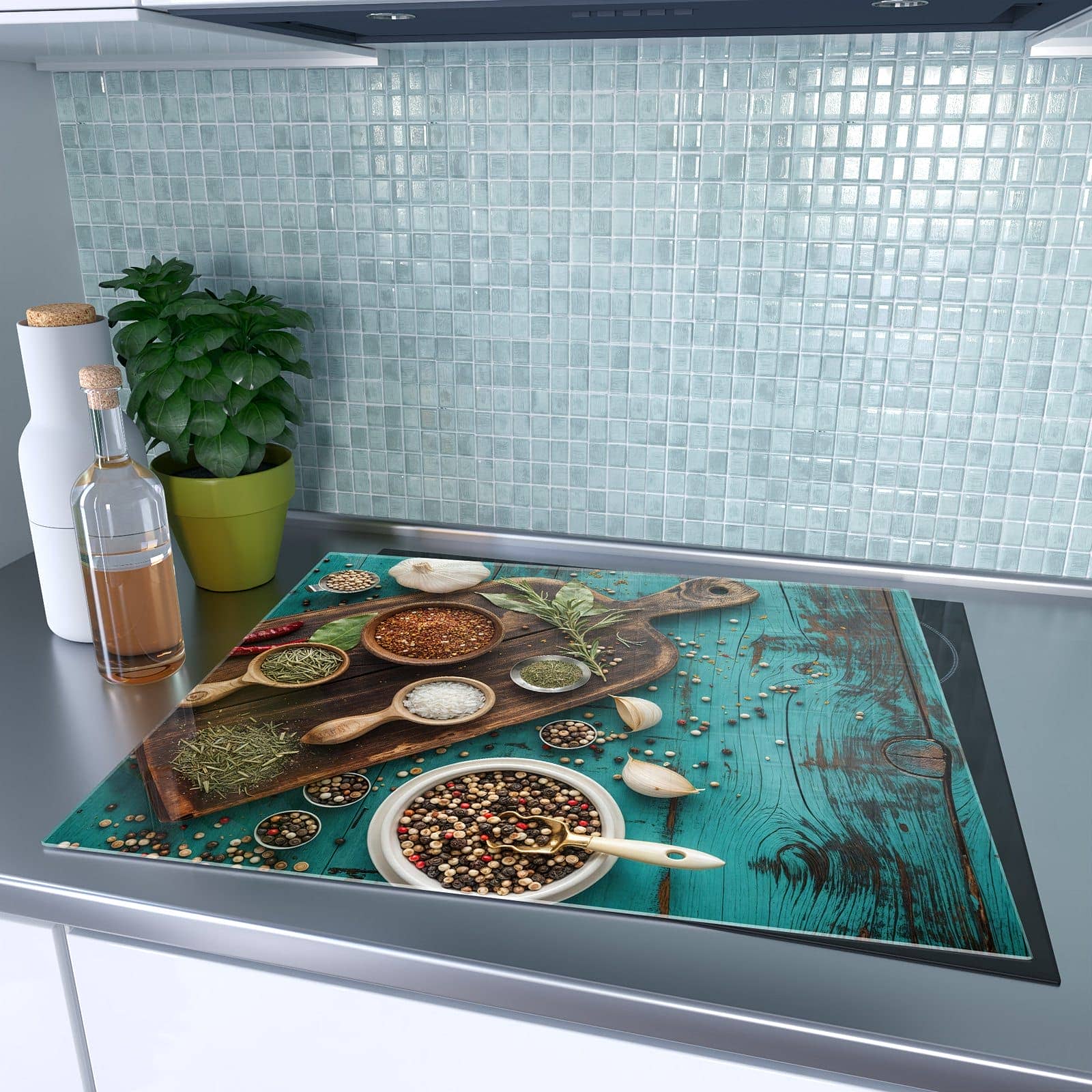 1-teilige Herdabdeckplatte Induktion mit Küchenzutaten Holztisch-Motiv auf dem Ceranfeld