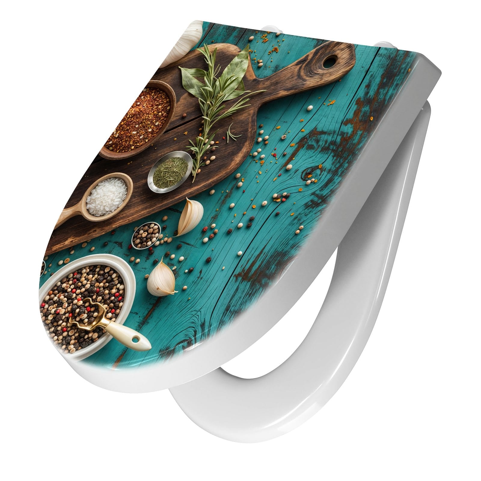 WC-Sitz mit Absenkautomatik Küchenzutaten Holztisch