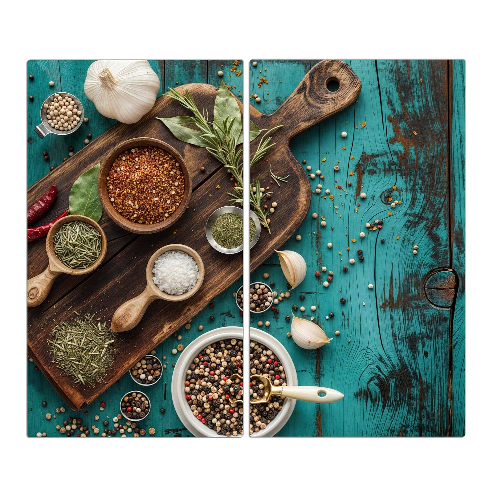 2-teilige Abdeckplatte für Ceranfeld mit Küchenzutaten Holztisch-Motiv in der Frontansicht #grösse_2-Teilig (60x52cm)