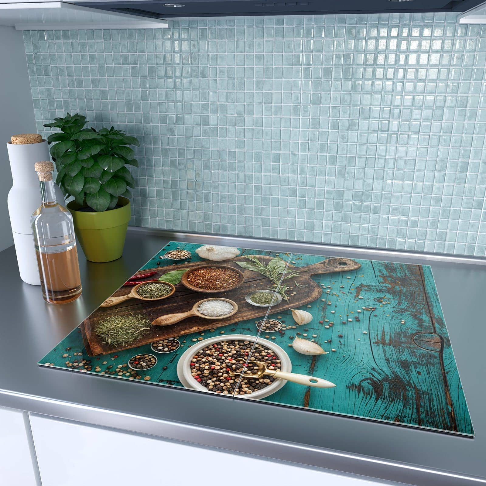 2-teilige Herdabdeckplatte mit Küchenzutaten Holztisch-Motiv auf dem Ceranfeld