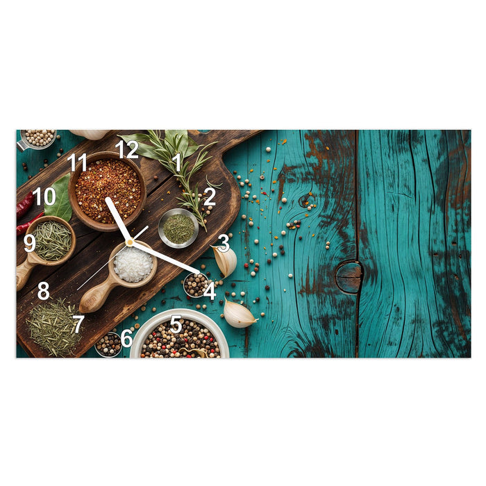 Wanduhr Küchenzutaten Holztisch aus Glas – Querformat 60 × 30 cm mit Ziffernblatt Modern