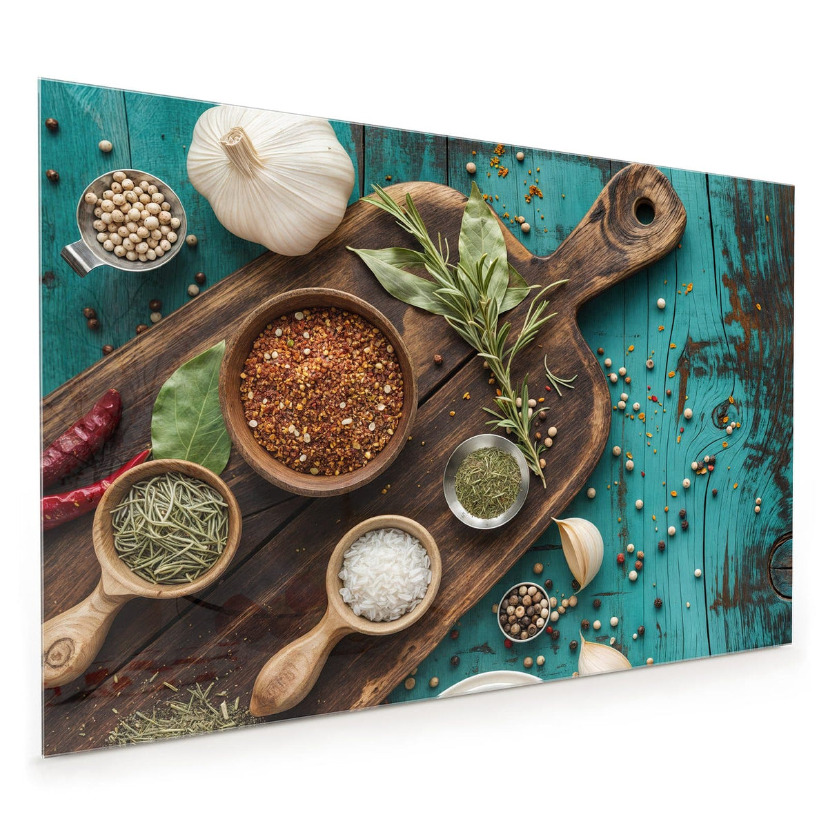 Küchenrückwand aus Glas im Hochformat: Gewürze, Kräuter, Knoblauch und Pfeffer auf dunklem Brett vor türkisem Holz