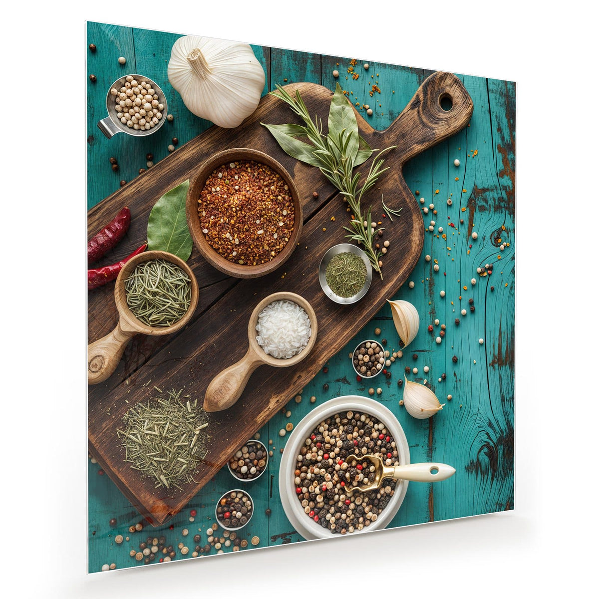 Gewürze, Kräuter, Knoblauch und Pfeffer auf dunklem Brett vor türkisem Holz