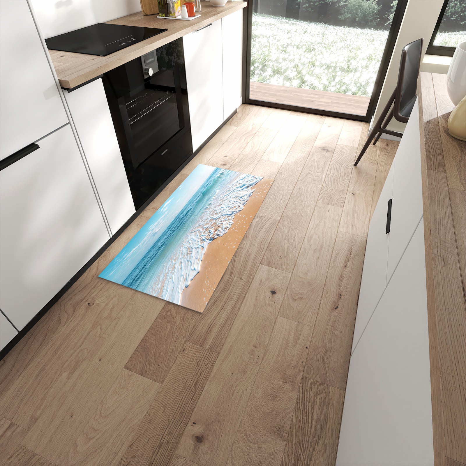 Fleckenresistenter Küchenteppich mit Motiv Tropischer Strand in moderner Küche #grösse_60 x 120 cm