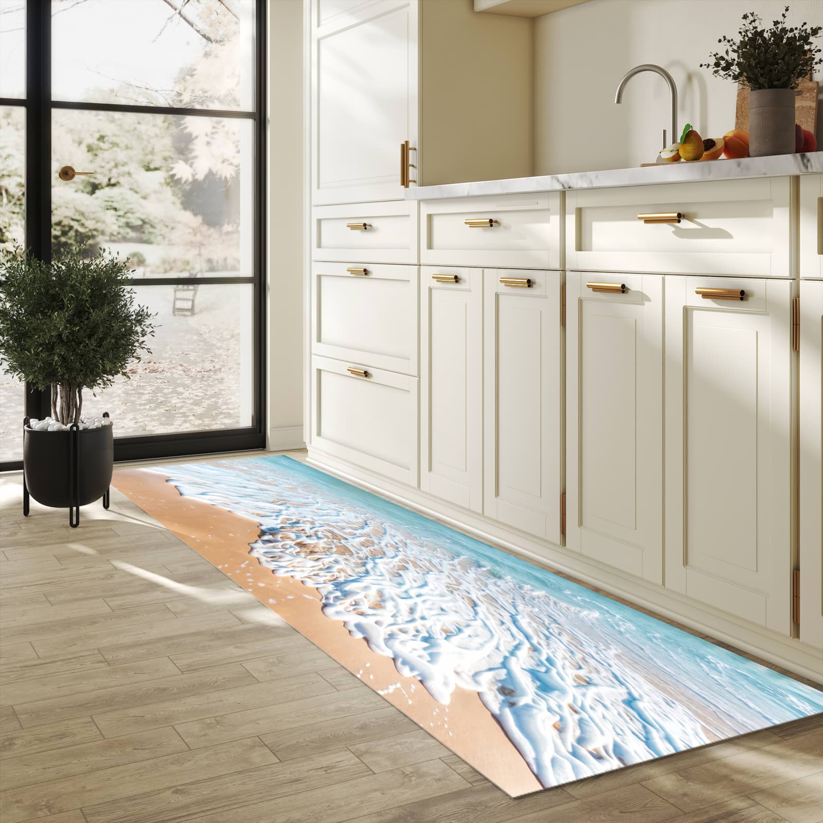 Wasserabweisender rutschfester Küchenläufer mit Motiv Tropischer Strand in heller Küche