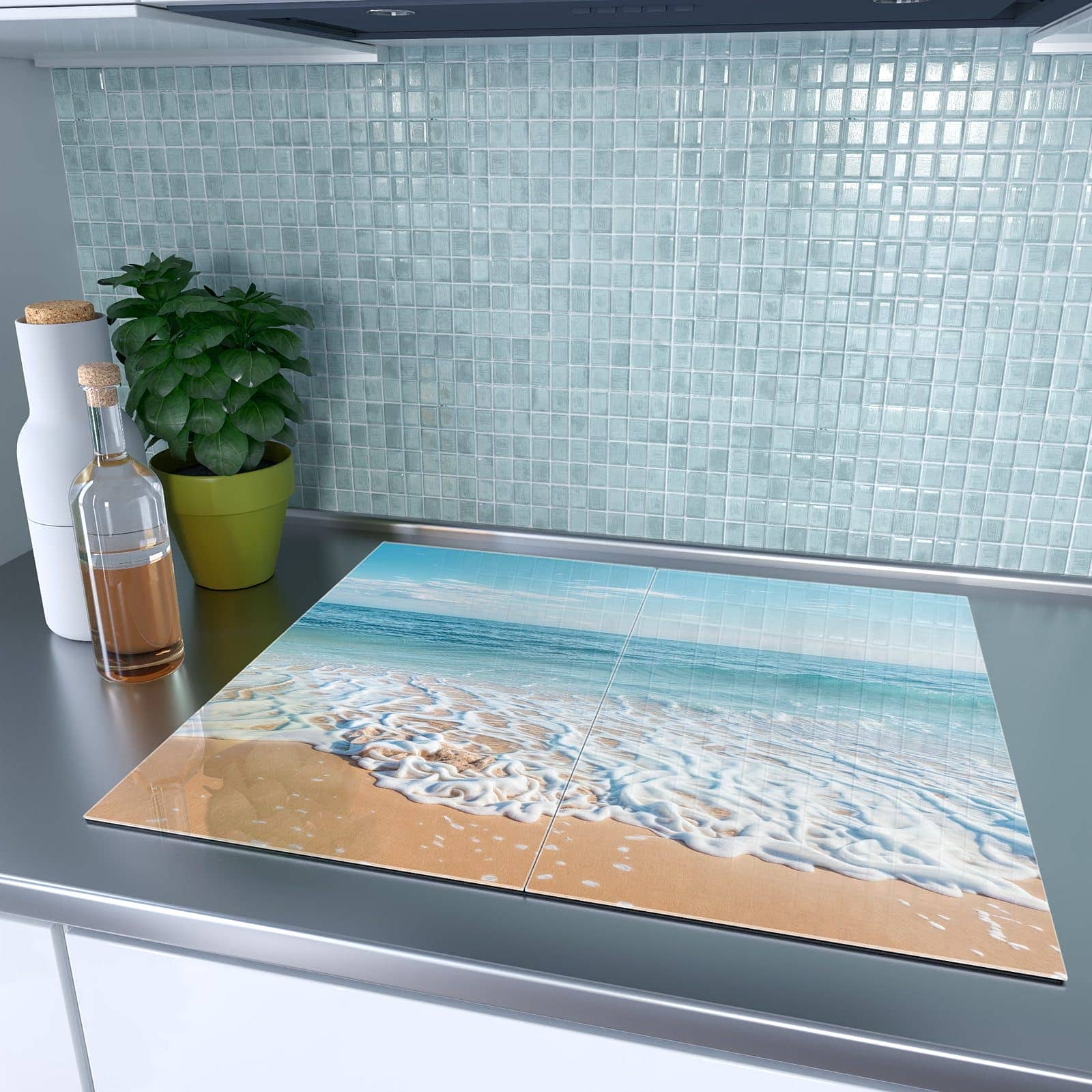 2-teilige Deckplatte aus Glas mit Tropischer Strand-Motiv auf dem Ceranfeld