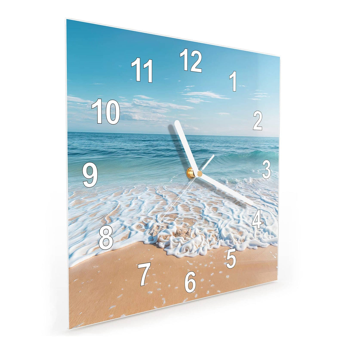 Quadratische Wanduhr aus Glas Auslaufende Welle schräg von der Seite, 4 mm starkes Glas
