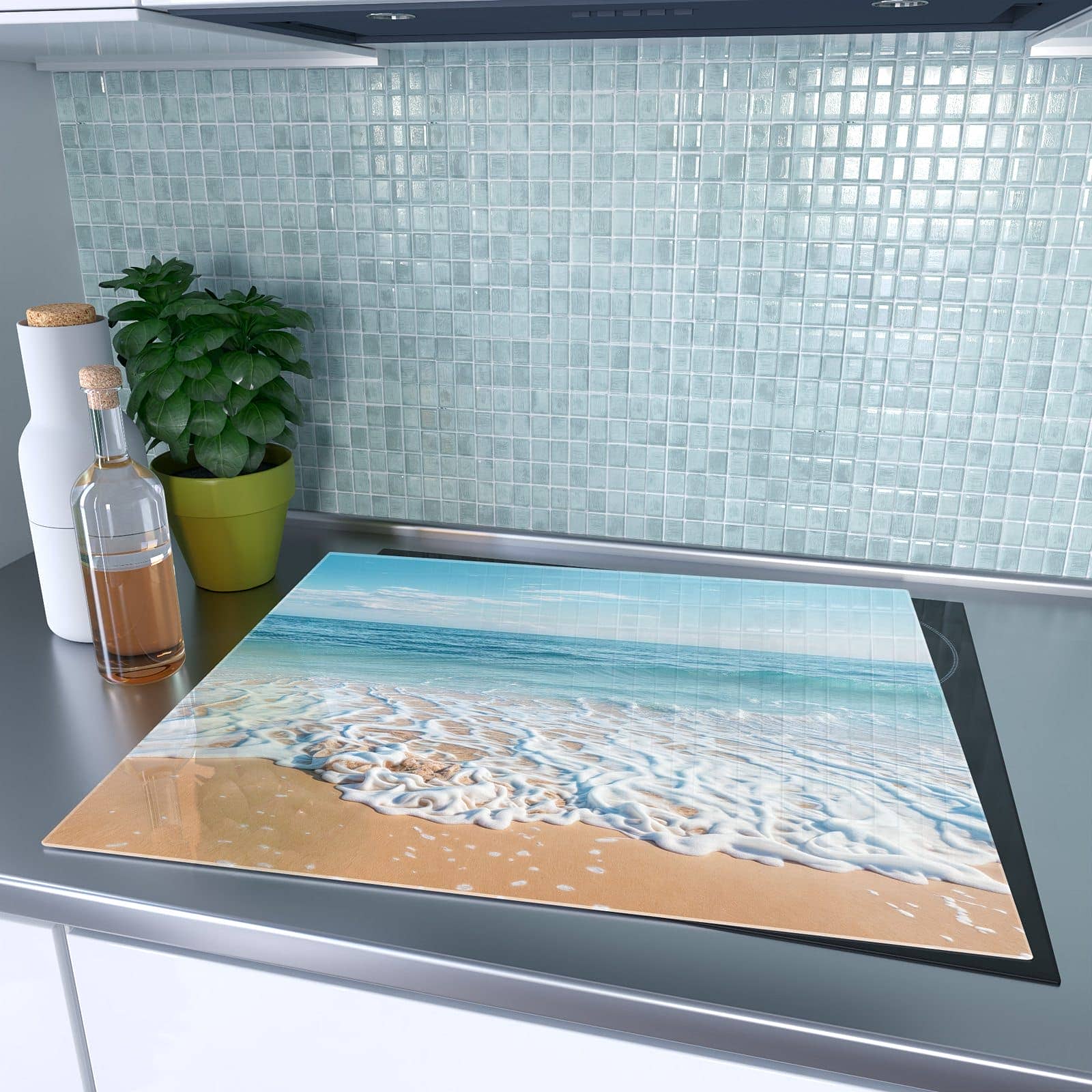 1-teilige Herdabdeckung aus Holz mit Tropischer Strand-Motiv auf dem Ceranfeld