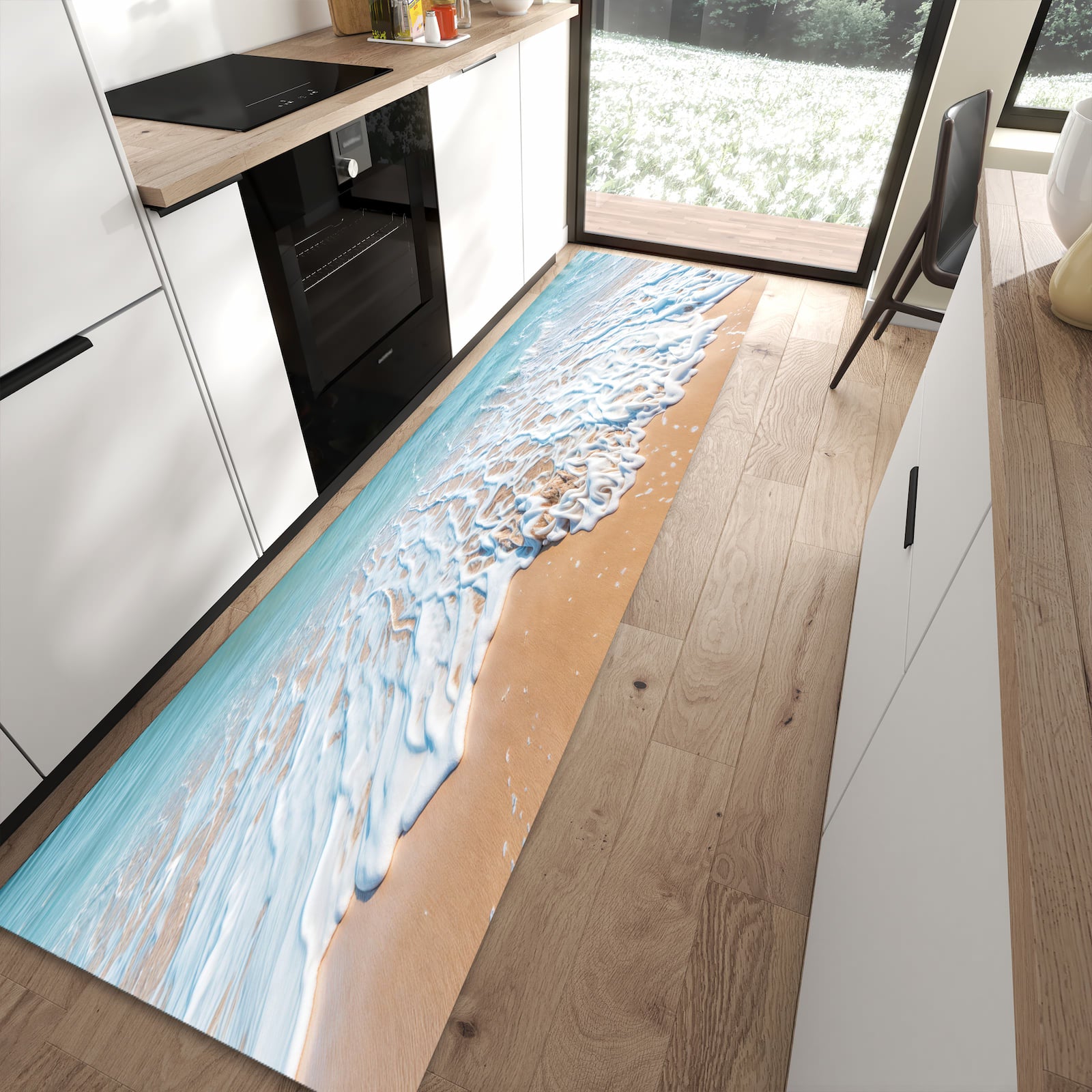 Hygienischer Küchenteppich mit Motiv Tropischer Strand in moderner Küche