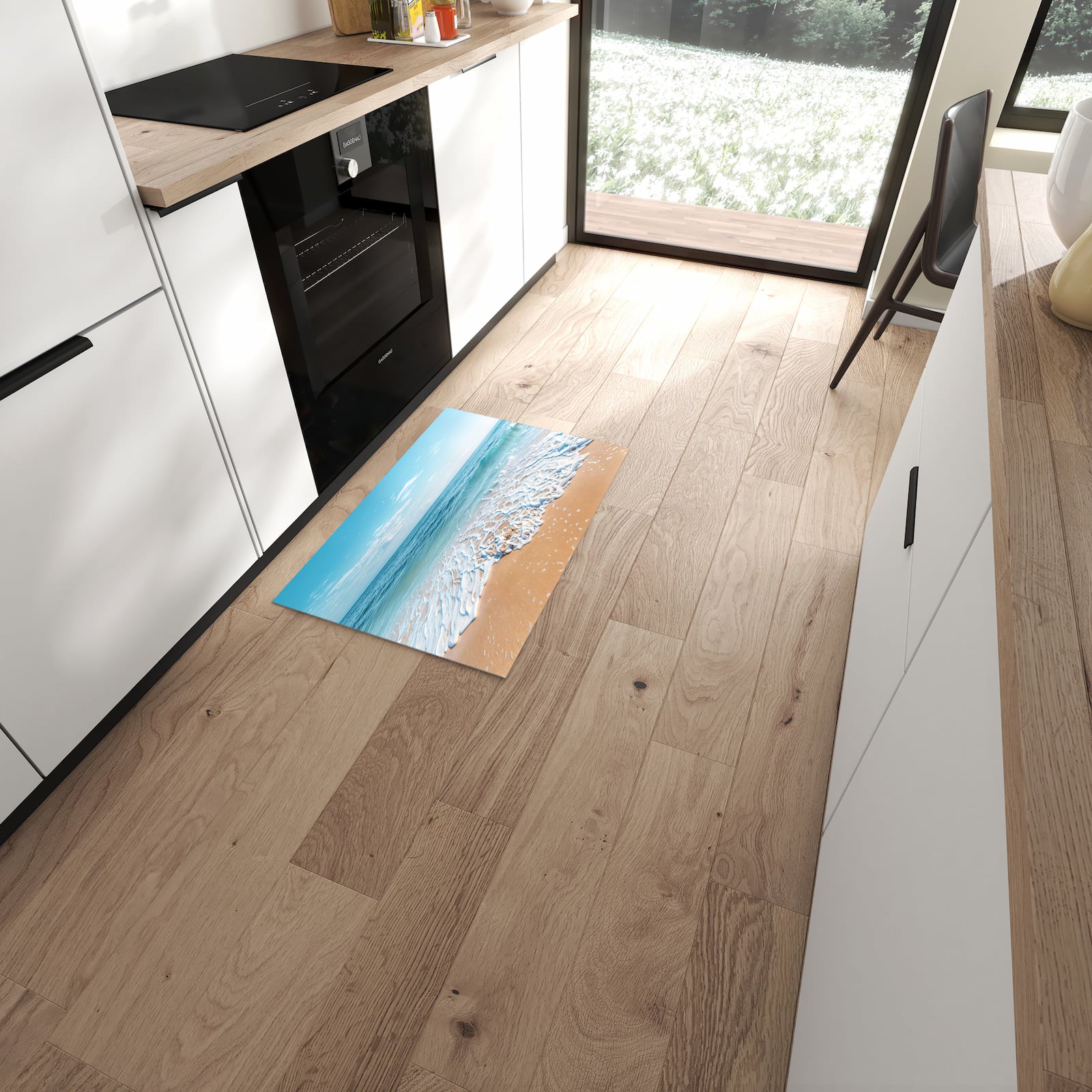 Komfortabler Küchenteppich mit Motiv Tropischer Strand in moderner Küche